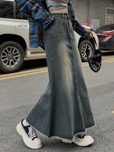 Women Long Denim Mermaid Skirt Medium Wash Casual   Denim Plain Mermaid Non-Stretch  Women Clothing, size features are:Bust: ,Length: ,Sleeve Length: Jean Mermaid Skirt, Jeans Turned Into Skirt, Denim Skirts Long, Diy Jean Skirt From Jeans, Denim Mermaid Skirt, Diy Jean Skirt, Ripped Jean Skirt, Jean Skirt Long, Long Denim Skirt Outfit