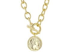 Moda Al Massimo® 18k Yellow Gold Over Bronze Rolo Link 18 Inch Necklace With Coin Toggle Clasp. Necklace measures approximately 3/8 of an inch in width. Coin measures approximately 7/8" L x 7/8" W. Classic Coin Necklaces, Elegant Toggle Necklace With Round Coin Pendant, Classic Coin Pendant Chain Necklace, Formal Toggle Necklace, Elegant Toggle Necklace With Coin Pendant, Classic Round Toggle Necklace With Adjustable Chain, Gold-tone Gold Plated Toggle Necklace, Classic Toggle Necklace With Adjustable Chain, Elegant Medallion Jewelry With Toggle Clasp