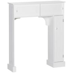 a white fireplace mantel with two doors on each side