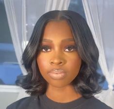 Cute Shoulder Length Hairstyles Black Women, Bob Curled Hairstyles Black Women, Curled Bob Middle Part, Curly Bob Hairstyles For Black Women Middle Part, Silk Press Natural Hair Short Middle Part, Silk Press Middle Part Curls, Sew In Bob With Leave Out