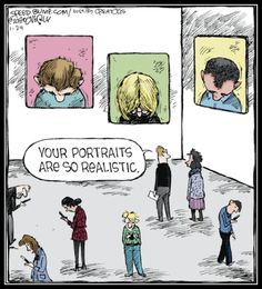 a comic strip with people looking at pictures on the wall and one person holding a cell phone