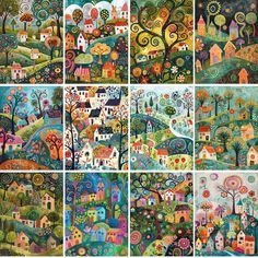 six different paintings of houses and trees