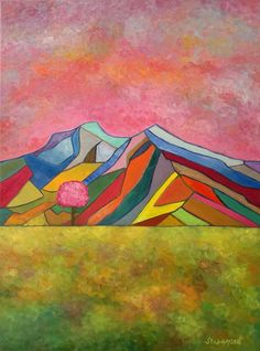 an abstract painting of mountains with pink sky in the background and green grass on the ground