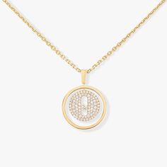 Worn to accentuate a neckline with a touch of elegance or layered with another diamond necklace for an on-trend look, the Lucky Move medallion pendant with pavé diamonds is the new timeless diamond jewel by Messika. Set with diamonds, this yellow gold diamond necklace reimagines the famous Move motif with pure elegance. You’ll love its chain, which has a sliding system that makes it possible to adjust the diamond necklace to the length of your choice. You'll love this yellow gold diamond necklac Luxury Diamond Necklace With Single Cut Diamonds, Modern Diamond White Diamond Necklaces, Formal White Gold Diamond Necklace With Detachable Pendant, Modern Diamond White Necklaces With Diamond Accents, Dazzling Diamond Necklace With Pave Setting, Diamond Pave Setting Round Pendant Necklace, Diamond Round Pendant Necklace With Pave Setting, Luxury White Gold Necklace With Diamond Accents, Luxury White Diamond Necklace With Accents