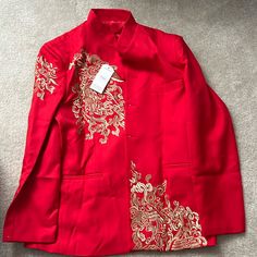 Brand New With Tags Qipao, Qi Pao, Chi Pao, Chinese Wedding Jacket Red With Gold Embroidery. Size Large Traditional Formal Outerwear With Floral Embroidery, Formal Traditional Outerwear With Floral Embroidery, Traditional Floral Embroidered Outerwear For Formal Occasions, Traditional Floral Embroidered Formal Outerwear, Traditional Spring Outerwear For Formal Occasions, Traditional Spring Formal Outerwear, Wedding Red Bandhgala With Long Sleeves, Wedding Bandhgala With Floral Embroidery And Long Sleeves, Ceremonial Embroidered Long Sleeve Blazer