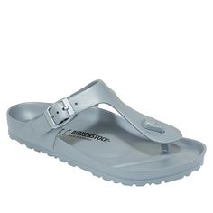 Birkenstock Gizeh Essentials EVA Metallic Thong Sandal  Make a splash at the beach or poolside wearing this colorful, water-friendly sandal. They're made with the same Birkenstock contoured footbed you know and love, only it's all part of the waterproof EVA design. Synthetic T-strap Sandals For Beach, Cushioned T-strap Flip Flops For Vacation, Adjustable Slip-resistant Slides For The Beach, Adjustable Slip-resistant Slides For Beach, Cushioned T-strap Flip Flops For Beach, Beach T-strap Flip Flops With Cushioned Footbed, Beach Flip Flops With Cushioned Footbed And T-strap, Casual Synthetic T-strap Flip Flops, Adjustable Non-slip Sandals For Poolside