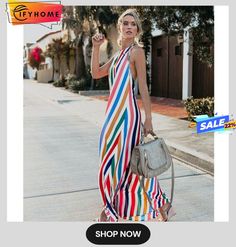 Women Sling Backless Beach Stripe Evening Party Long Maxi Sundress Multicolor Sleeveless Summer Dress, Summer Beach Sleeveless Multicolor Dress, Casual Beach Dress With Spaghetti Straps For Party, Trendy Beach Maxi Dress For Beach Season, Trendy Halter Neck Beach Maxi Dress, Summer Sleeveless Dress For Beach Season, Trendy Halter Neck Maxi Dress For Beach, Summer Sleeveless Multicolor Dress For Beach Season, Halter Neck Sundress For Summer Party