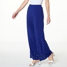 Antthony Embellished Knit Wide-Leg Pull-On Pant  Scattered, pearly detailing adds a touch of soft glamour to these ultra-flattering, ultra-comfy wide-leg pants from Antthony. Pair them with easy slip-on kicks and a fitted tee for casual cool, or dress them up with sky-high strappy heels and a silky blouse for a dreamy night-out ensemble. Stretch Embellished Bottoms For Evening, Embellished Stretch Bottoms For Evening, Elegant Embellished Summer Pants, Spring Embellished Evening Bottoms, Spring Evening Embellished Bottoms, Elegant Embellished Wide Leg Pants, Casual Stretch Embellished Bottoms, Casual Embellished Stretch Bottoms, Elegant Embellished Pants For Spring