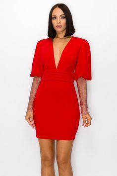 -V neck bodycon dress -Rhinestone sleeves -Back Zipper -Fabric: 90% Nylon 10% Spandex Lining: 100% Polyester ** FINAL SALE ** Party Dress With Mesh Sleeves And V-neck, V-neck Party Dress With Mesh Sleeves, Elegant V-neck Dress With Mesh Sleeves, Fitted V-neck Dress With Mesh Sleeves, Red V-neck Bodycon Dress For Party Season, Rhinestone Sleeves, Neck Bodycon Dress, Rhinestone Dress, Resort Collection