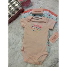 Juicy Couture Baby Girl 4 Piece Onesies Nwt Cute Multicolor Playtime Bodysuit, Cute Bodysuit For Playwear, Cute Multicolor Cotton Bodysuit, Cute Multicolor Bodysuit For Playwear, Graphic Onesies, Juicy Couture Baby, Juicy Couture Dress, Baby Tank, Pink Onesie