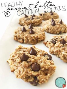 healthy peanut butter oatmeal cookies on a white plate with text overlay