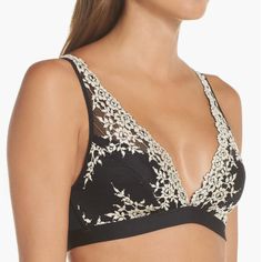 Wacoal's Soft And Sexy Signature Embrace Lace Wire Free Bra Is A Beautiful Choice For Women Who Want The Comfort Of A Soft Cup Bra That Is Still Supportive. An Added J-Hook Feature Enables The Bra To Easily Convert To A Racer-Back To Accommodate Even The Most Challenging Fashions. Straps Convert To T-Back With J-Hook. Wacoal Signature Embrace Lace Cups Have Two Sections For Added Support. Two-Ply Stretch Inner Cup. Camisole Straps Are Built Up For Added Support. Straps Are Fully Adjustable In Ba Black Delicate Lace Bra For Evening, Black V-neck Bra, Black Delicate Lace Evening Bra, Black Bra With Contrast Lace For Party, Black Party Bra With Contrast Lace, Wire Free Bra, Free Bra, Soft Cup Bra, Cup Bra