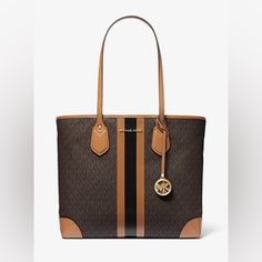 Brand New With Tags And In Original Packaging Michael Kors Eva Large Tote, Cognac Leather Trim Bag For Shopping, Cognac Bags With Leather Trim For Shopping, Cognac Shopping Bag With Leather Trim, Brown Bags With Leather Trim For Shopping, Brown Leather Trim Bags For Shopping, Brown Leather Trim Shopping Bag, Brown Shopping Bags With Leather Trim, Monogram Tote Bags