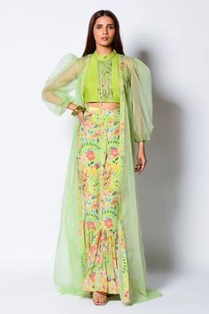 Shop for Rishi and Vibhuti Green Crepe Sheer Cape And Gharara Set for Women Online at Aza Fashions Kurta Pair Design, Green Fitted Pant Set For Wedding, Fitted Green Pant Set For Wedding, Spring Floor-length Sharara With Sheer Dupatta, Spring Festive Sharara With Cutdana, Green Anarkali Pant Set For Wedding, Unique Indian Outfits, Rishi Vibhuti, Organza Cape