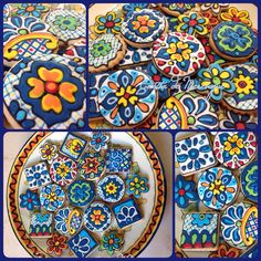 several different pictures of decorated cookies on a plate