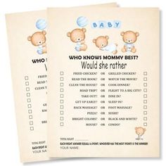 two baby shower games with teddy bears on them