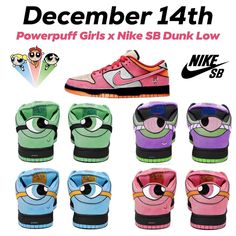 Check out the semi official color block of the upcoming PowerPuff Girls x Nike SB, releasing on December 14th in three colorways (purple… | Instagram Power Puff Girl Shoes, Powerpuff Dunks Outfit, Power Puff Dunks, Nike Sb Powerpuff, Nike Dunks Colors, Powerpuff Dunks, Shoe Plug, Super Power Girl