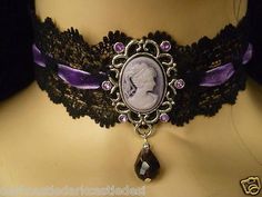 black lace purple velvet choker necklace acrylic cameo pendant goth steampunk P: Cameo Choker Necklace, Jewelry Lace, Cameo Choker, Victorian Choker, Diy Choker, Goth Steampunk, Velvet Choker Necklaces