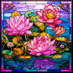 a stained glass window with pink flowers and leaves