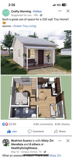 two pictures of small houses on the same page