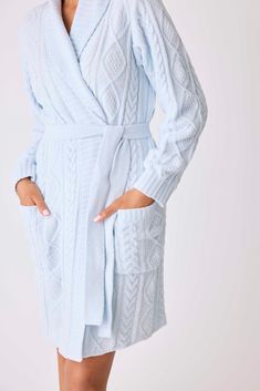 Wrap yourself in luxury with our Women’s Chenille Cozy Cable Shawl Collar Robe. Crafted from plush chenille with a beautiful cable texture, this robe offers unparalleled softness and warmth. The classic shawl collar provides an extra touch of comfort, while the tie-waist allows for a customizable fit. Perfect for lounging at home or unwinding after a long day, this robe combines style and coziness in one indulgent package. Light Blue Knit, Plush Robe, Capri Set, Soft Robes, Lounge Robes, Classic Pajamas, Blue Air, Bamboo Pajamas, Loungewear Luxury