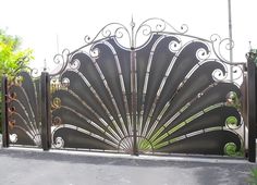 an iron gate with intricate designs on the top and bottom, in front of a driveway