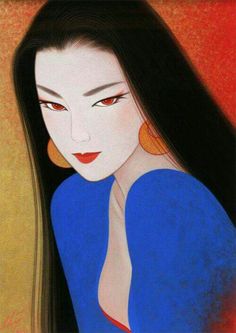 a painting of a woman with long black hair and red eyes, wearing a blue dress