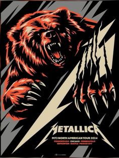 a poster with a bear holding a knife in it's mouth and the words metallic on