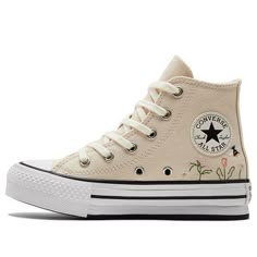 Converse Chuck Taylor All Star Lift Platform High PS 'Floral Embroidery - Natural Ivory' A01615C Women’s Converse, Cute Converse High Tops, White Embroidered Converse Sneakers, Cute High Top Shoes, Cute Simple Shoes, Cute Everyday Shoes, Converse Cheap, Hightop Platform Converse, Cute Shoes For School