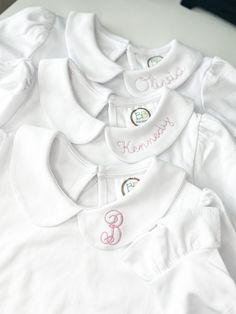 Peter Pan collar with detailed embroidery in the font color of your choice. This makes the perfect layering piece for your baby boy or toddler this winter! Customize with your choice of font and thread color. Fitted White Tops With Machine Embroidery, Fitted White Top With Machine Embroidery, White Fitted Top With Machine Embroidery, Fitted Long Sleeve Embroidered T-shirt, Customizable Cute Long Sleeve Top, Cute Personalized White Tops, Cute Customizable Long Sleeve Top, White Long Sleeve Top With Custom Embroidery, White Long Sleeve Tops For Baptism