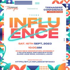 an event poster with the words influ - ence on it and colorful shapes