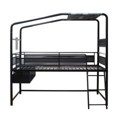 a black metal bunk bed with stairs and storage drawers on the bottom level, against a white background