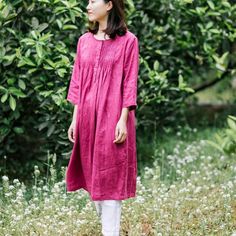 Rose-Red-100%-linen-women-Dresses-summer-spring-women-dresses-waist-belt (7) Casual Linen Pleated Dress, Summer Pleated Linen Dress, Casual Pleated Linen Dress For Summer, Knee-length Solid Color Linen Dress, Solid Color Knee-length Linen Dress, Solid Linen Dress For Daywear, Red Linen Dress For Spring, Dresses Short, Half Sleeve Dresses