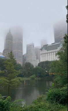 the city is surrounded by tall buildings and foggy skies, as seen from central park