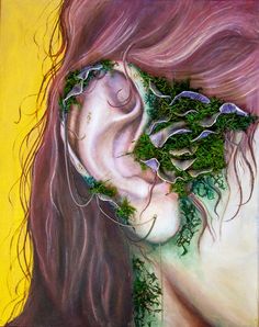 a painting of a woman's face with green plants growing out of her ear