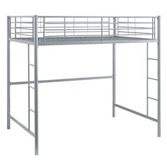 a metal loft bed with ladders on the bottom