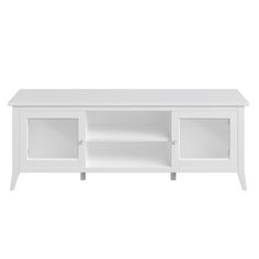 a white entertainment center with glass doors on the top and bottom shelf, in front of a