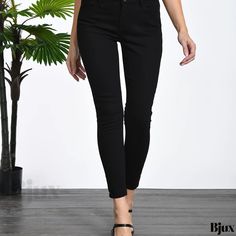 Bjux - Professional Womens Denim Pants: Black High-Stretch Ankle Length Skinny Jeans with Slash Pockets, Contemporary Slim Fit - Premium Denim Jeans & Clothing Premium Denim Jeans, Womens Denim, Denim Pants Women, Women Denim Jeans, Premium Denim, Low Waist, Pants Black, Long Length, Jean Outfits