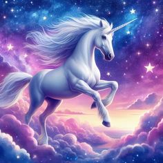 a white unicorn is flying through the sky with stars and clouds in it's back