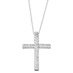 10k Gold 1/4 Carat T.W. Diamond Cross Pendant, White Anniversary Diamond Cross Pendant Necklace, Classic Diamond Cut Cross Necklace In White Gold, Classic Sterling Silver Cross Necklace With Diamond Cut, White Diamond Cross Necklace With Diamond Cut, Classic Cross Diamond Cut Necklace, Diamond Cut Cross Necklace In Diamond White, Diamond Cut Diamond Crucifix Necklace, Diamond-cut Crucifix Cross Necklace, Diamond-cut Crucifix Necklace