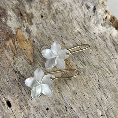 Hawaiian Mini White Plumeria Mother Of Pearl Silver Or Gold Earrings These Small .65" (15mm) Natural White Mother Of Pearl Plumeria And Are High Quality And Iridescent So It Reflects Light When You Move It Around. It Hangs Close To The Ear And Is Dainty And Very Very Pretty. Length Is 1.25” Long. 925 Sterling Silver Ear Hook Or 14k Gold Filled. Handmade With Aloha In Hawaii. Adjustable White Mother Of Pearl Earrings, Dainty White Pierced Flower Earrings, White Mother Of Pearl Jewelry With Ear Wire, White Mother Of Pearl Earrings, White Petal-shaped Jewelry For Gifting, Delicate Nickel-free White Earrings, Delicate White Nickel-free Earrings, White Minimalist Nickel-free Flower Earrings, Small White Earrings For Gift