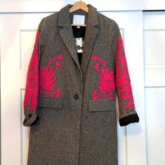 Nwt Stunning Anthropologie One Button Blazer, Faux Pockets, Beautiful Pink Embroidery. Tailored Embroidered Winter Blazer, Winter Workwear Outerwear With Floral Embroidery, Tailored Embroidered Outerwear For Spring, Tailored Embroidered Blazer For Winter, Tailored Embroidered Outerwear For Fall, Fitted Floral Embroidered Outerwear For Work, Embroidered Fall Outerwear For Work, Fall Embroidered Outerwear For Work, Pink Embroidered Fitted Outerwear