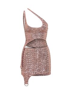 a women's pink sequinned dress with cut out shoulders and an open back