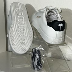 This Is A Classic Palm Angels Sneaker In White. It Is A Size 39 Brand New, And It Comes With The Box, Dust Bag, And An Additional Pair Of Shoelaces. Designer Custom Sneakers With Vulcanized Sole, White Sneakers With Contrasting Heel Counter, Designer Streetwear Sneakers With Removable Insole, Designer Sneakers With Removable Insole, Designer Sneakers With Removable Insole And White Sole, Palm Angels Shoes, Fringe Sneakers, Swim Shoes, Leather Mary Janes