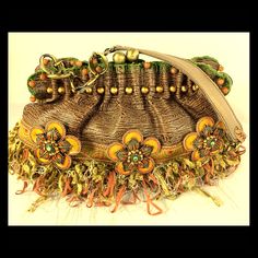 Boho Chic Mary Frances Handmade Bag With Bead, Fringe And Floral Detail. Truly One Of A Kind. Green Embellished Bag For Everyday Use, Embellished Green Bag For Everyday Use, Embellished Green Bags For Everyday Use, Green Bohemian Bag, Green Embellished Bohemian Bags, Mary Frances Handbags Retired, Bohemian Green Embellished Bag, Bohemian Brown Bag With Beaded Fringe, Mary Frances Southwest Handbag