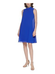 VINCE CAMUTO Womens Blue Stretch Zippered Sheer Lined Sleeveless Mock Neck Above The Knee Party Shift Dress 2 Chiffon Shift Dress, Sleeveless Mock Neck, Chic Blazer, Review Dresses, Mock Turtleneck, Above The Knee, Swimwear Tops, Dress Details, Vince Camuto