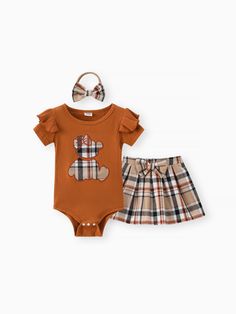 * Each size includes: 1 romper & 1 skirt & 1 headband  
* Soft and comfy 
* Bottom snaps (romper)
* Material: 93% Cotton, 7% Spandex (romper); 65% Polyester, 35% Cotton (skirt)
* Machine wash, tumble dry 
* Imported Spandex Romper, Woman Costumes, Baby Clothes Country, Baby Fits, Ruffle Shorts, Plaid Skirt, Reborn Dolls, Baby Ideas