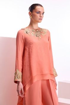 Peach double layered top with floral applique, sequin embroidery. Paired with pant. - Aza Fashions Spring Wedding Georgette Top, Embellished Tops For Eid Reception, Designer Sequined Georgette Tops, Elegant Sequin Palazzo Set For Spring, Spring Evening Hand Embellished Sets, Spring Evening Hand-embellished Sets, Spring Georgette Tops With Floral Embroidery, Spring Silk Sets With Hand Embellished Details, Spring Silk Sets Hand Embellished