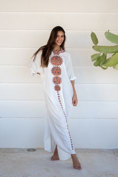 This beautiful free size Kaftan has a unique presence to it. It's colorful and most importantly comfortable wear, light and soft and can be used on many occasions -  home gatherings, dinners, or just in your home to feel comfortable.  Fabric : 80% Egyptian Cotton and 20% Polyester Measurements : Free size. Fits up to 4XL. Also there is a belt that can be used to tighten the dress around the hips.  Bust size : 78 inches Length : 145 inches For reference the model is a size 4 US and 5'8". As you c Summer Kaftan, Embroidered Caftan, Cotton Caftan, Colorful Boho, Egyptian Cotton, Dress Clothes For Women, Free Size, The Dress, Bathing Beauties