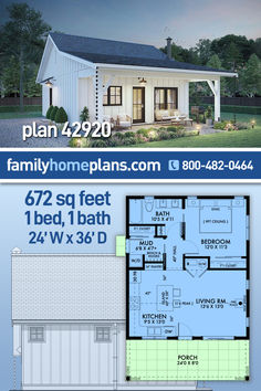 two story house plan with 2 car garage and living room, attached to the second floor